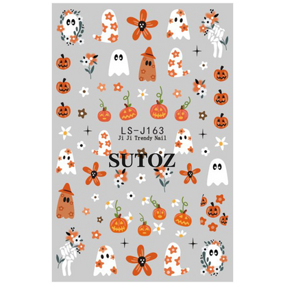 Full SUTOZ LS-J163 orange pumpkin ghost flower and skeleton nail sticker sheet