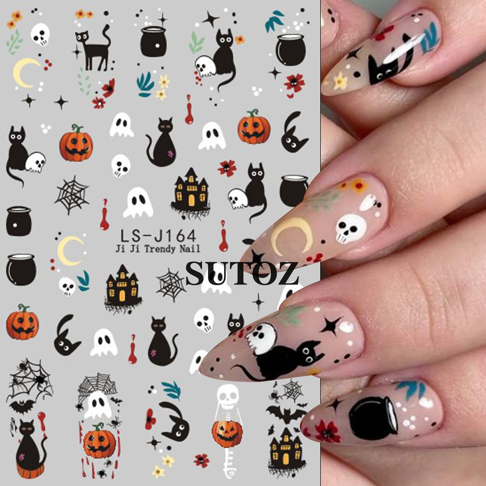 SUTOZ LS-J164 Halloween nail stickers with black cats ghosts pumpkins webs bats and nail examples