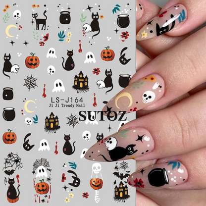 SUTOZ LS-J164 Halloween nail stickers with black cats ghosts pumpkins webs bats and nail examples