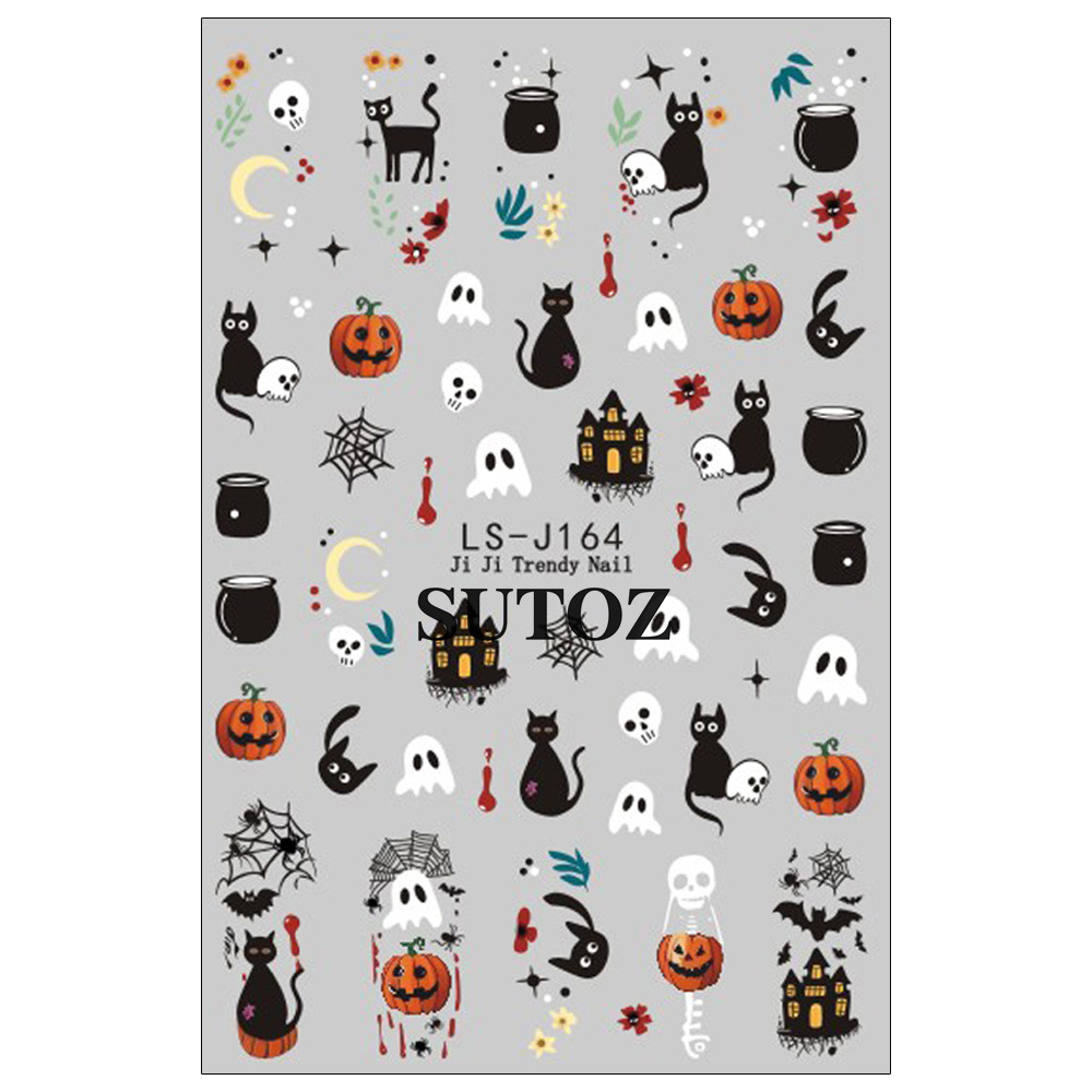 Full SUTOZ LS-J164 black cat ghost pumpkin bat web and haunted house nail sticker sheet