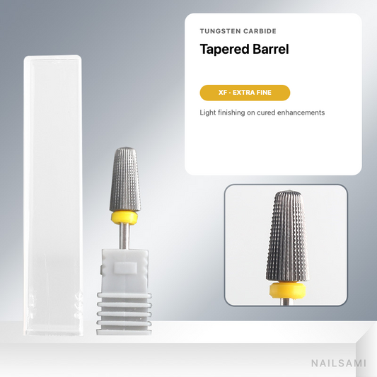 Tapered barrel tungsten carbide nail drill bit, extra fine cut with yellow ring