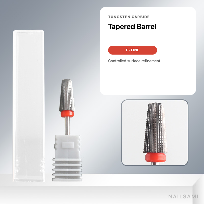 Tapered barrel tungsten carbide nail drill bit, fine cut with red ring