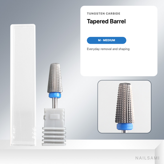 Tapered barrel tungsten carbide nail drill bit, medium cut with blue ring