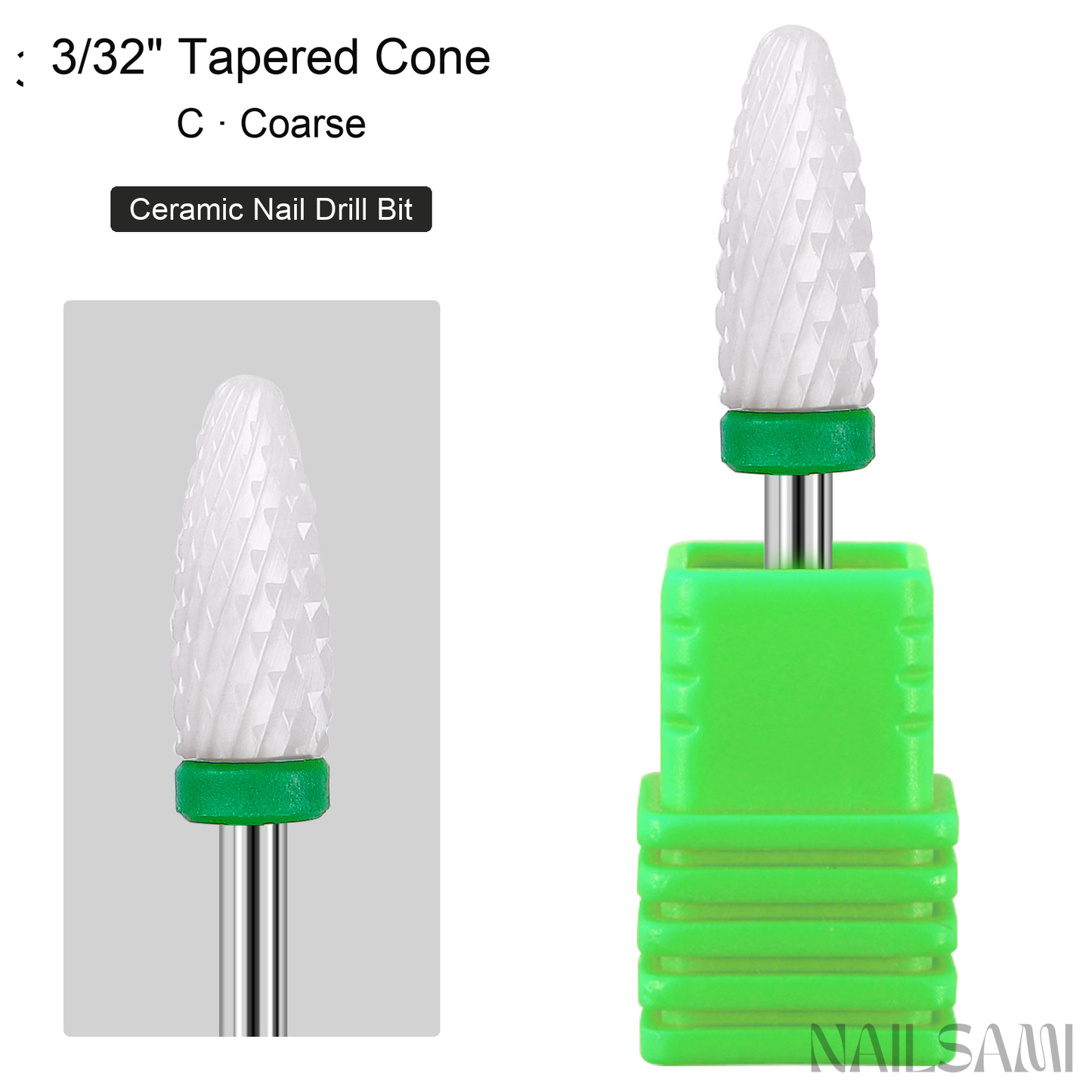 White tapered cone ceramic nail drill bit, coarse cut with green ring and 3/32-inch shank