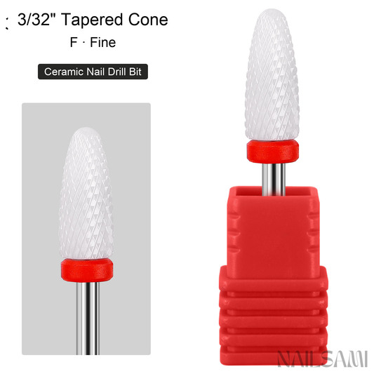 White tapered cone ceramic nail drill bit, fine cut with red ring and 3/32-inch shank