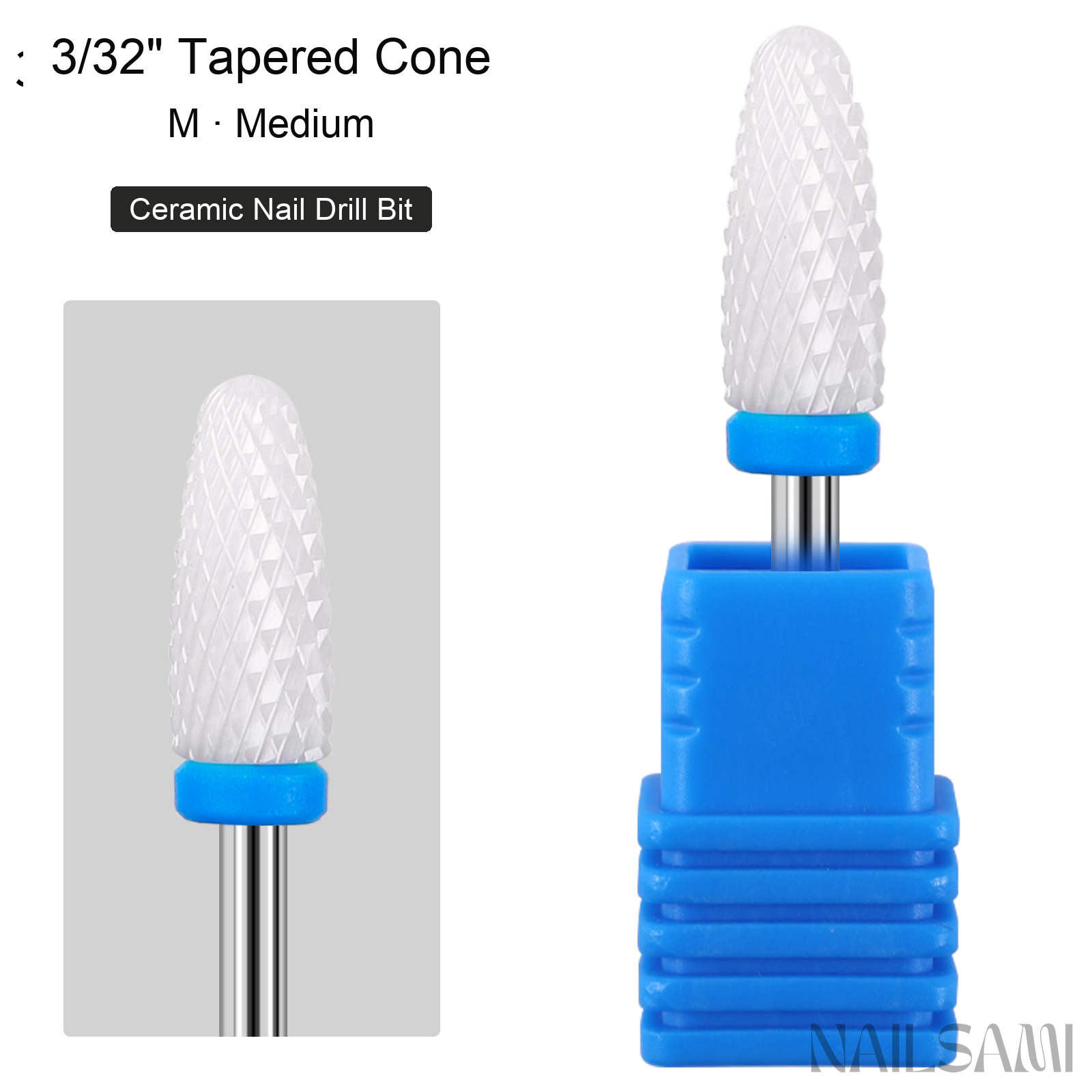 White tapered cone ceramic nail drill bit, medium cut with blue ring and 3/32-inch shank