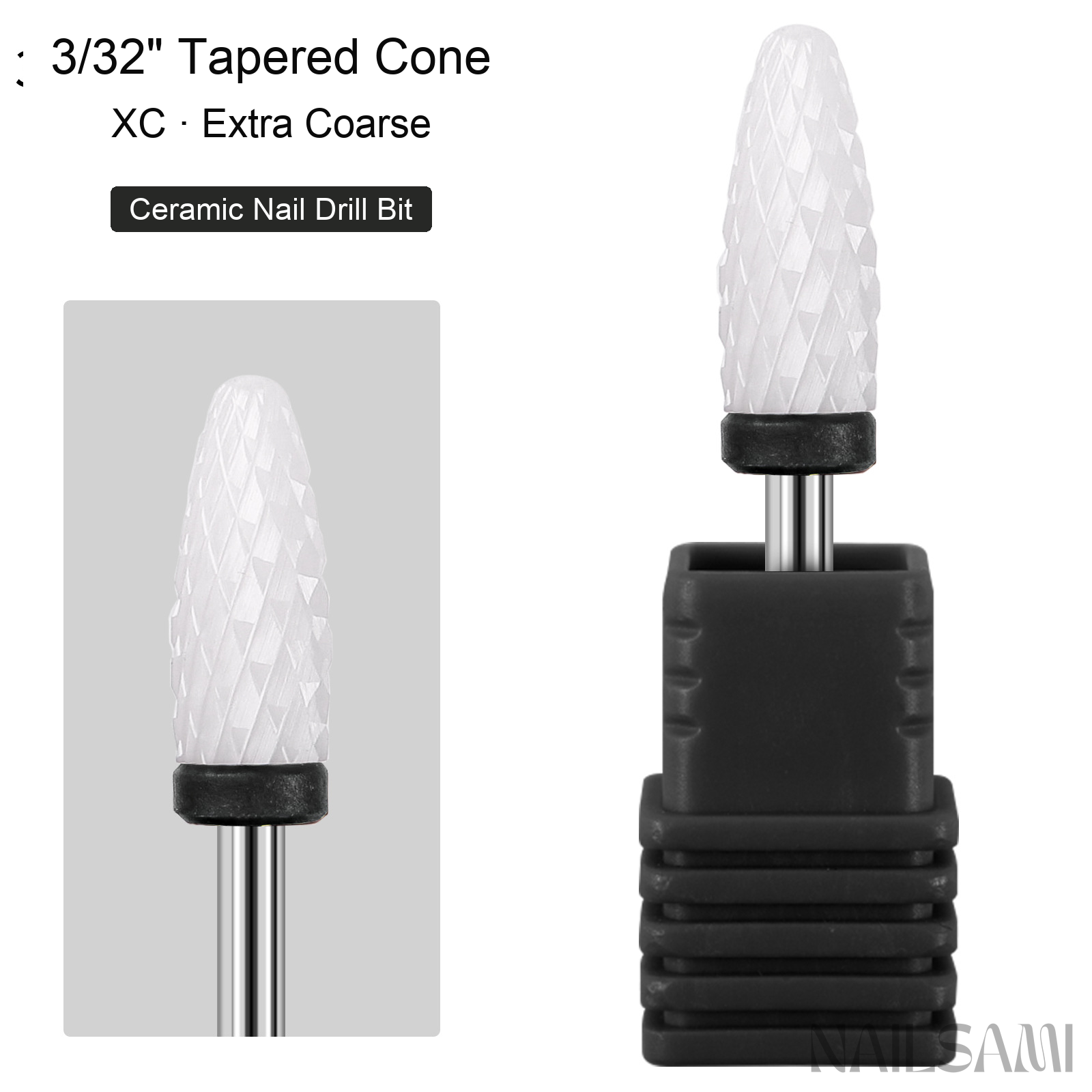 White tapered cone ceramic nail drill bit, extra coarse cut with black ring and 3/32-inch shank
