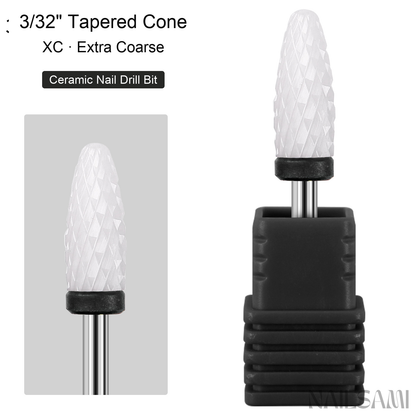 White tapered cone ceramic nail drill bit, extra coarse cut with black ring and 3/32-inch shank