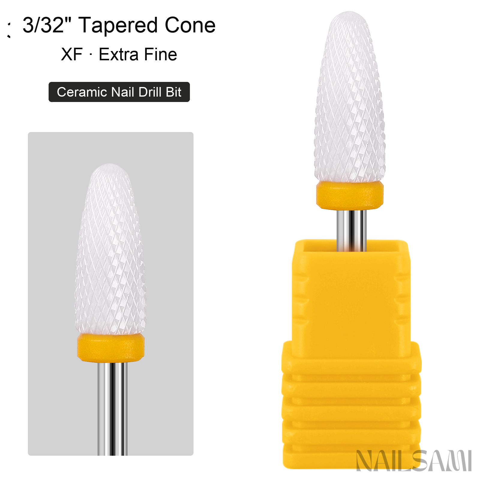 White tapered cone ceramic nail drill bit, extra fine cut with yellow ring and 3/32-inch shank
