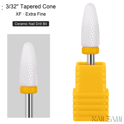 White tapered cone ceramic nail drill bit, extra fine cut with yellow ring and 3/32-inch shank