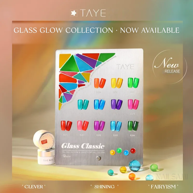 Taye Glass Glow complete twelve-color gel polish set with swatch card