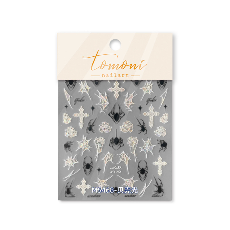 Full TOMONI MS468 Halloween nail sticker sheet with light crosses spiders webs and roses