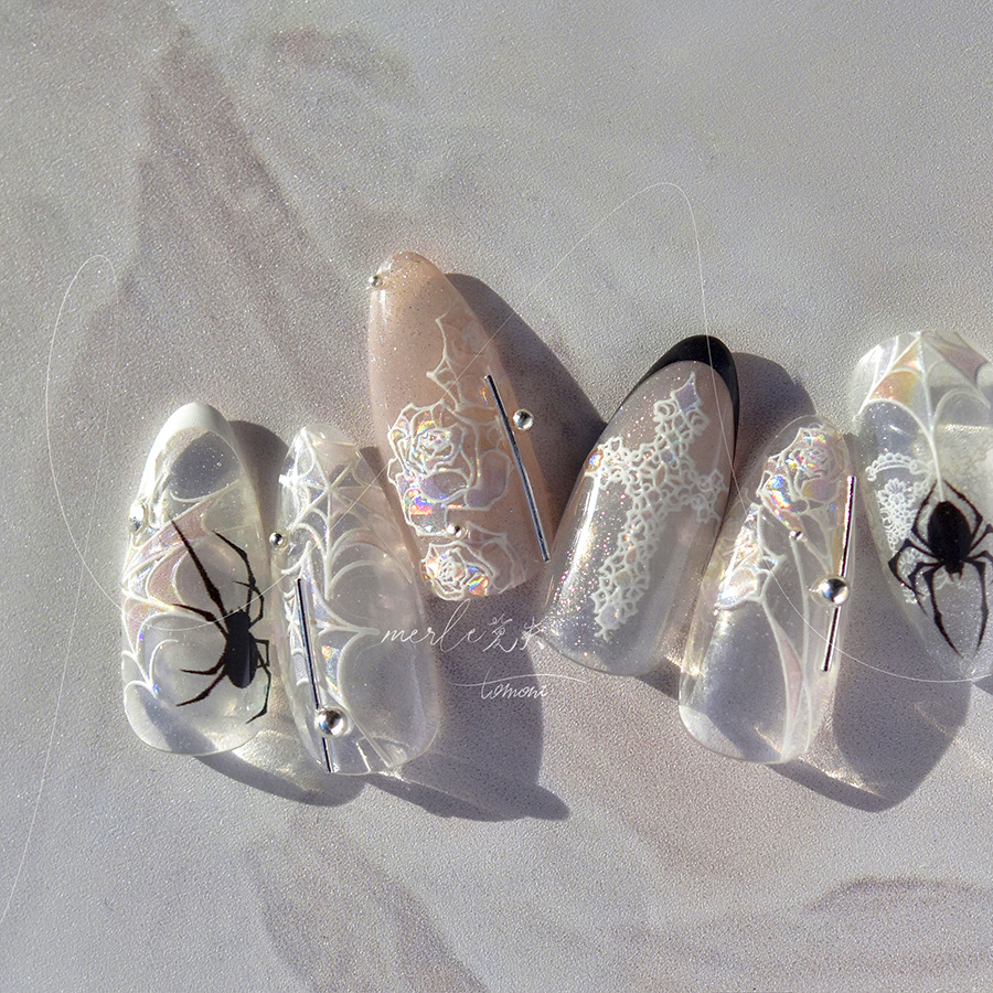 TOMONI MS468 shell-shimmer spider web and rose nail sticker manicure