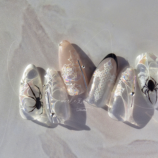 TOMONI MS468 shell-shimmer spider web and rose nail sticker manicure