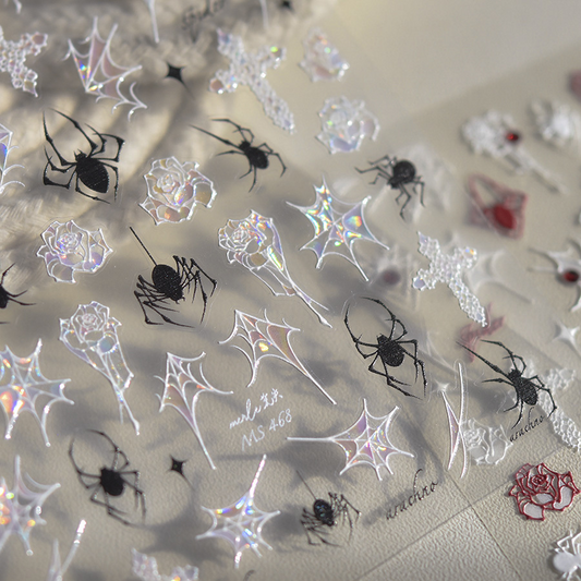 Close-up of TOMONI MS468 black spider and iridescent web and rose nail stickers