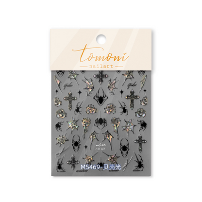 Full TOMONI MS469 Halloween nail sticker sheet with dark crosses spiders webs and roses