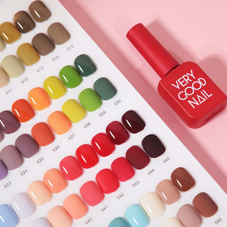 Close-up of the Very Good Nail Korean Gel Polish Set showcasing a beautiful selection of warm and cool tones in a color chart display.
