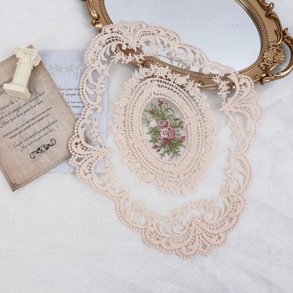 Beige oval floral embroidered lace photography styling mat with a vintage mirror