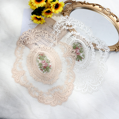 Beige and white floral embroidered lace photography styling mats shown together