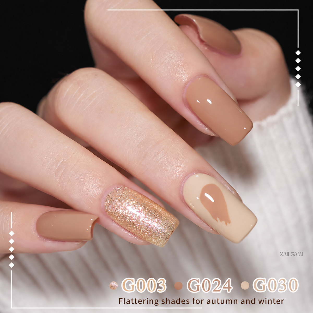 Xeijayi Caramel Cocoa Gel Polish shade G003 with gold glitter finish