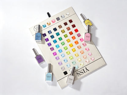 YISS 60 color gel polish shade chart photographed with six feature bottles