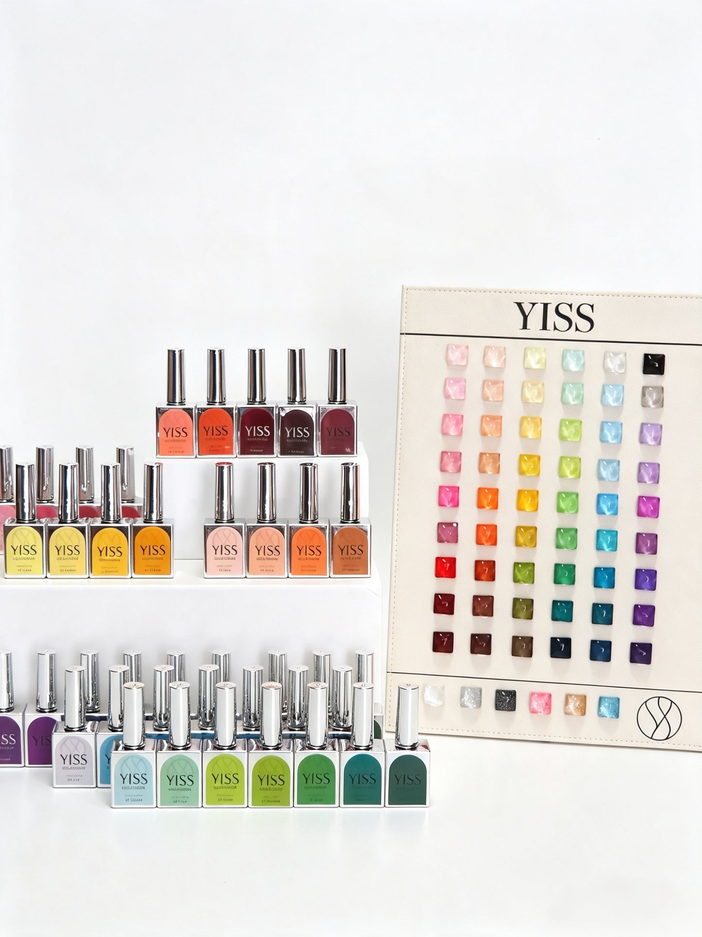 YISS 60 color gel polish bottles arranged beside the complete shade chart