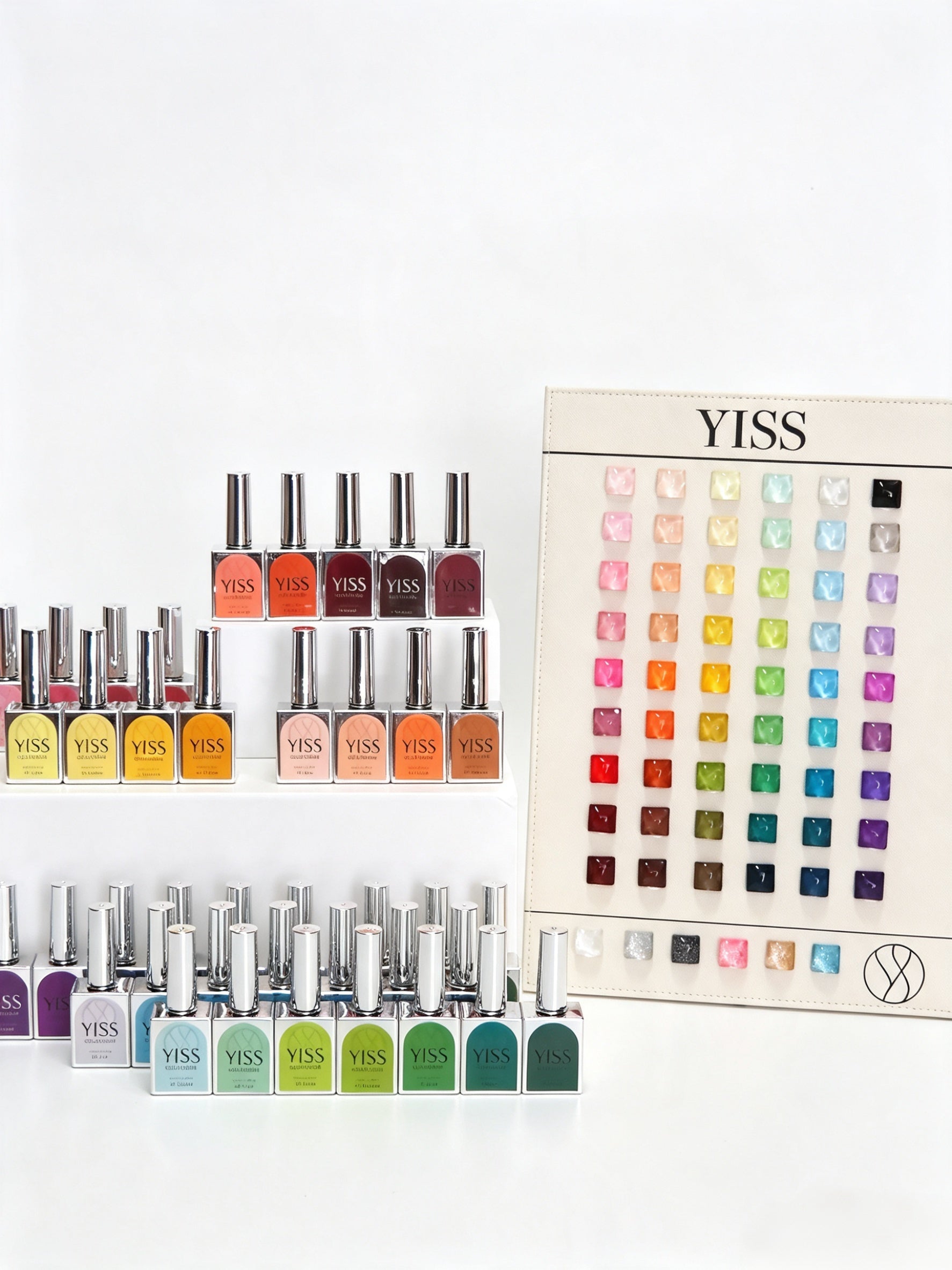 YISS 60 color gel polish bottles arranged beside the complete shade chart