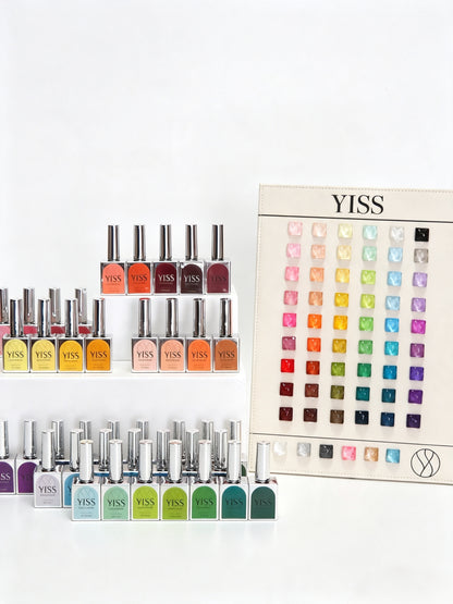 YISS 60 color gel polish bottles arranged beside the complete shade chart