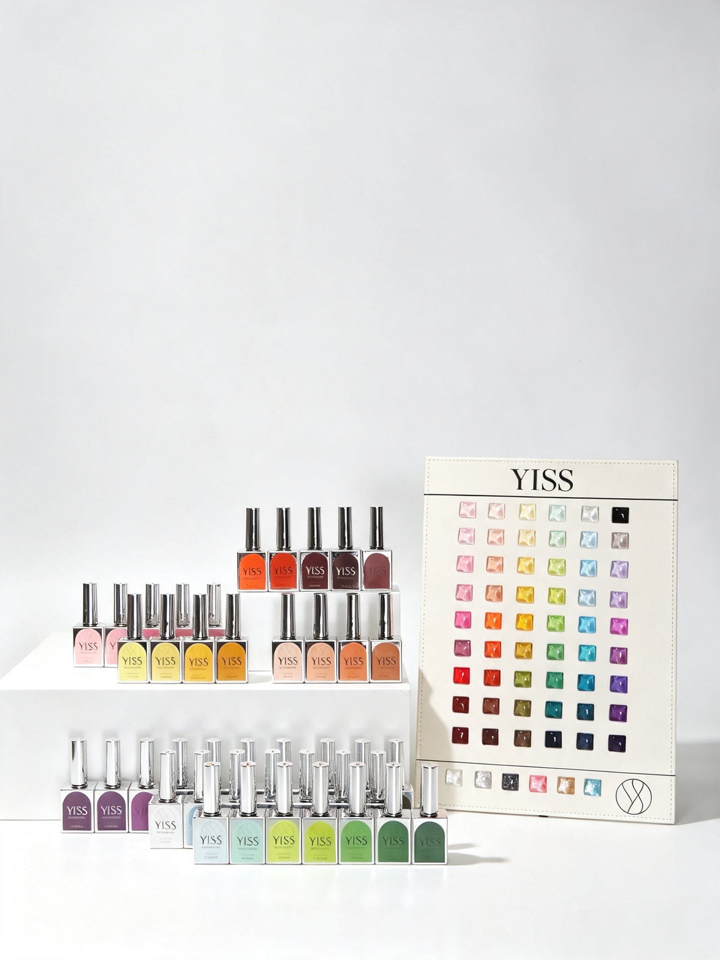 YISS Essential 60 Color Gel Polish Set studio display with the full shade chart
