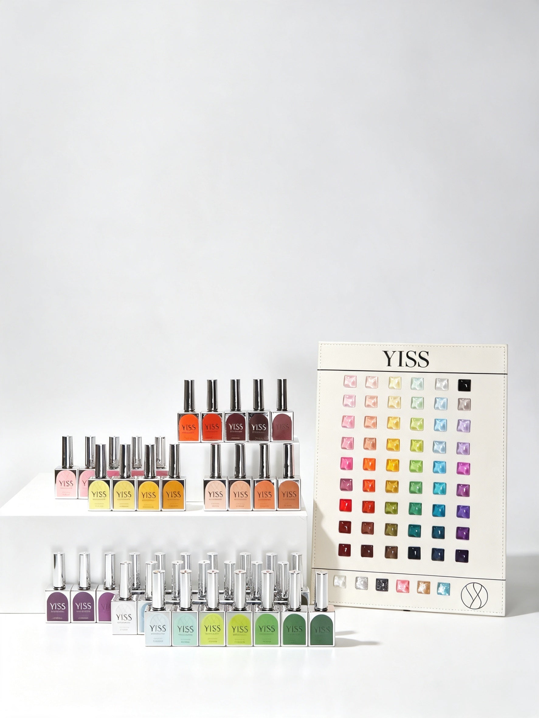 YISS Essential 60 Color Gel Polish Set studio display with the full shade chart