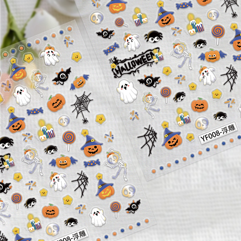 Colorful Yuesemiao YF008 embossed Halloween sticker motifs in orange blue yellow black and white
