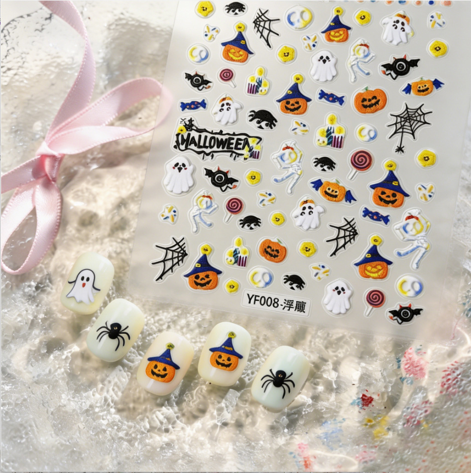Yuesemiao YF008 embossed Halloween nail stickers with pumpkin ghost and spider manicure examples