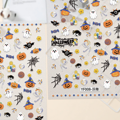 Close-up of YF008 Halloween nail stickers with ghosts pumpkins skeletons candy and webs