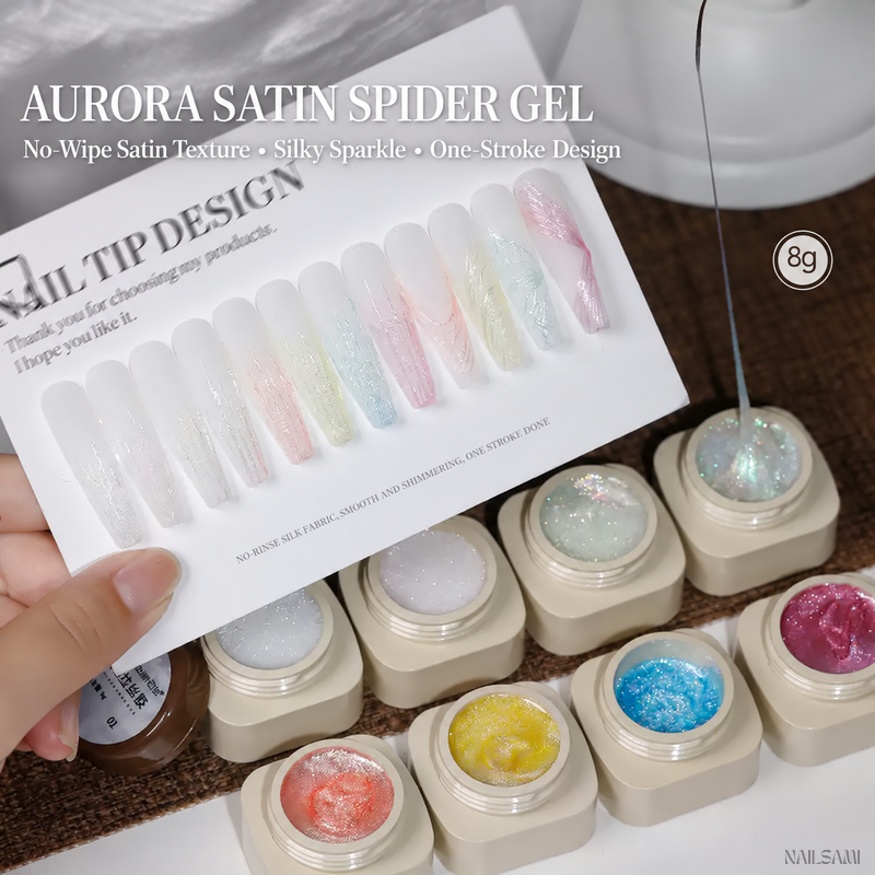 Yunzuan Aurora Satin Spider Gel collection in eight silky shimmer shades