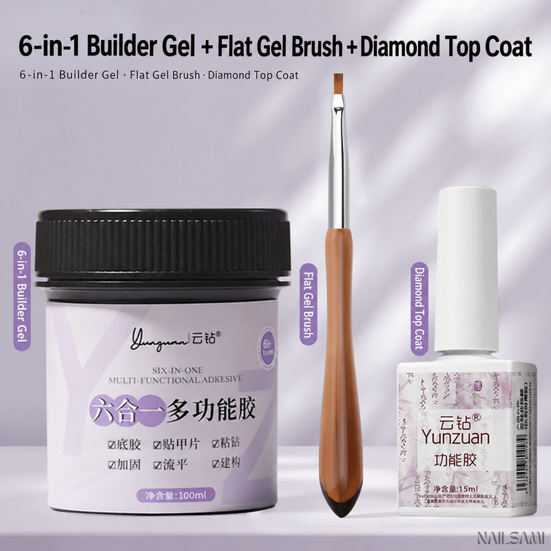 Yunzuan 6-in-1 builder gel 100ml with flat gel brush and Diamond Top Coat 15ml